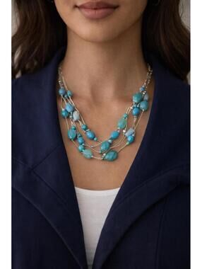 Multi Strand Turquoise Tone plastic Beaded Necklace Silver-tone Statement